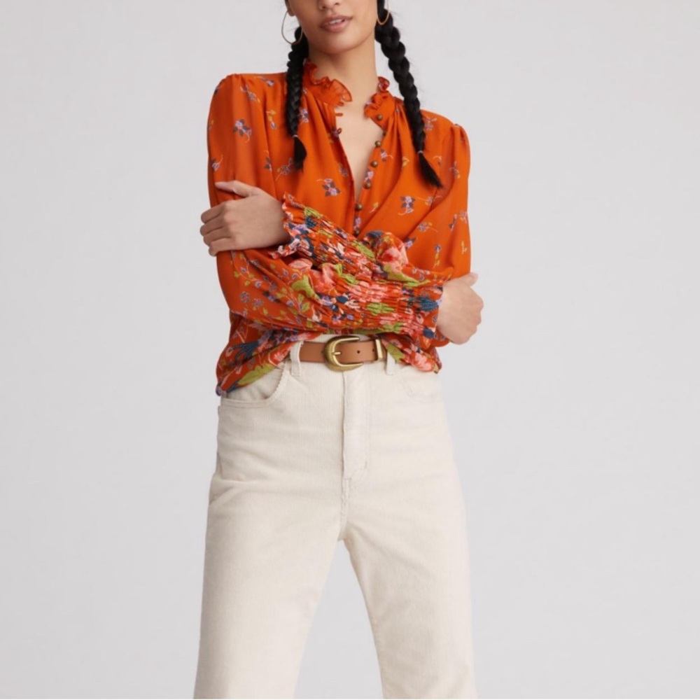 Anthropologie Chiffon Longsleeve Whimsical Floral Birds Peasant Blouse Top XSP